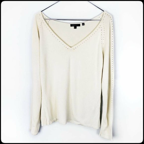 BCBG MAX AZRIA Canary Yellow Silk Eyelet Long Sleeve V Neck Knit Sweater Large - Picture 7 of 7